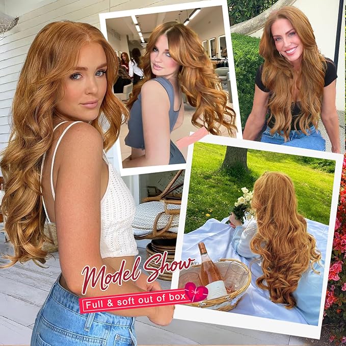ALXNAN Long Wavy Hair Extensions for Women, Clip in Hair Extensions Clip Ins Soft Full Head Synthetic Hairpieces 20 Inch Strawberry Blonde