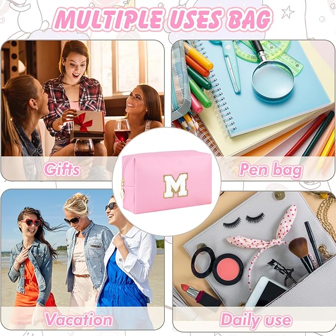URSKYTOUS Gifts for Girls Initial Makeup Bag Personalized Cosmetic Bag with Zipper Cute Travel Toiletry Bag Waterproof PU Preppy Makeup Pouch Birthday Gift for Teen Girls Women(Pink M)