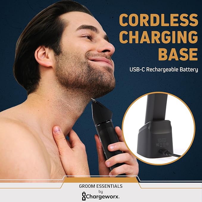 Groom Essentials Electric Shaver for Men with Charging Dock, USB-C Cordless Wet & Dry Full Body Grooming Kit with Beard Trimmer, Nose Trimmer, Trimming Guides