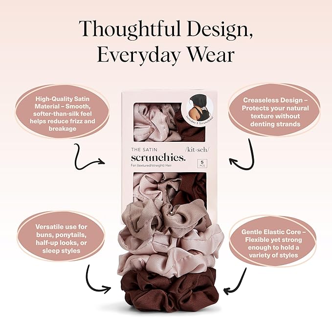 Kitsch Satin Scrunchies for Women - Softer Than Silk Scrunchies | Hair Ties No Damage for Frizz-Free Sleep | Ideal Gifts for Women - Cameo, 5pcs