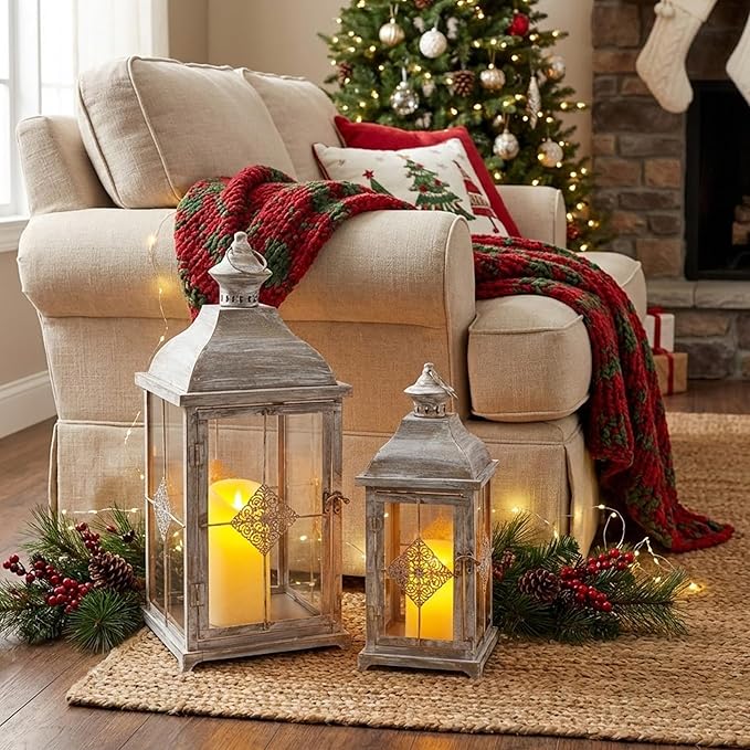 TRIROCKS 20"&15" H Large Decorative Candle Lantern Antique Grey Brush Outdoor Lantern Set with Tempered Glass Metal Candle Holder for Porch Ideal for Gardens Spring Home Decor Indoor Outdoor