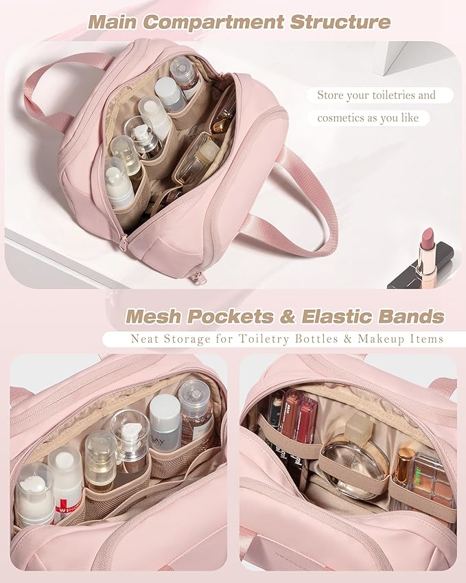 Marscamd Travel Toiletry Bag for Women, Waterproof Makeup & Cosmetic Organizer with Leakproof Pockets for Bathroom or Vanity Use, Pink