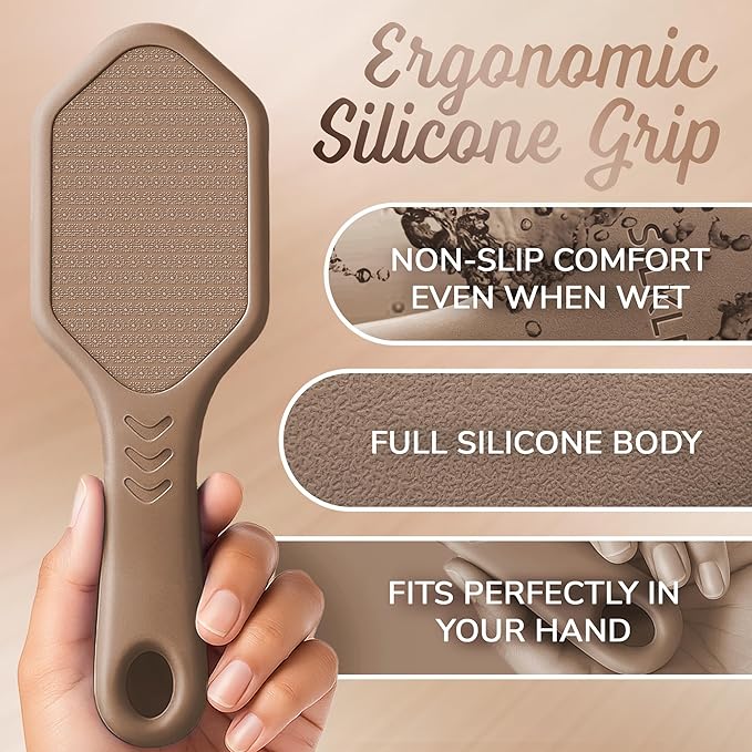 Nano Glass Foot File - Silicone Foot Callus Remover for Feet and Cracked Heels - Heel Scraper for Dead Skin - Ergonomic Foot Scrubber & Exfoliator for Shower with Non-Slip Grip - Brown