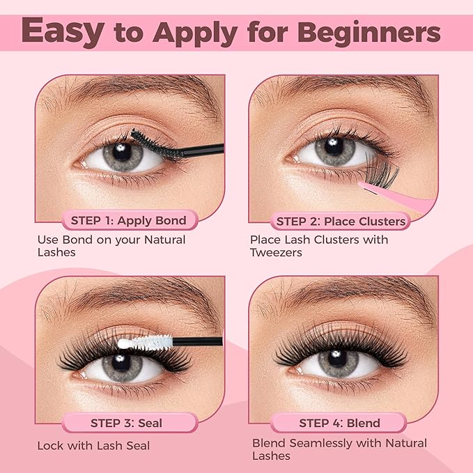 DIY Lash Clusters Kit, 240PCS 30D+40D Mixed Lengths 10–16mm, Natural Wispy Fluffy Look, 2-in-1 Bond&Seal+Precision Tweezer, Lashes Extension Kit (0.07D, 10-16mm, Individual Lashes Kit)