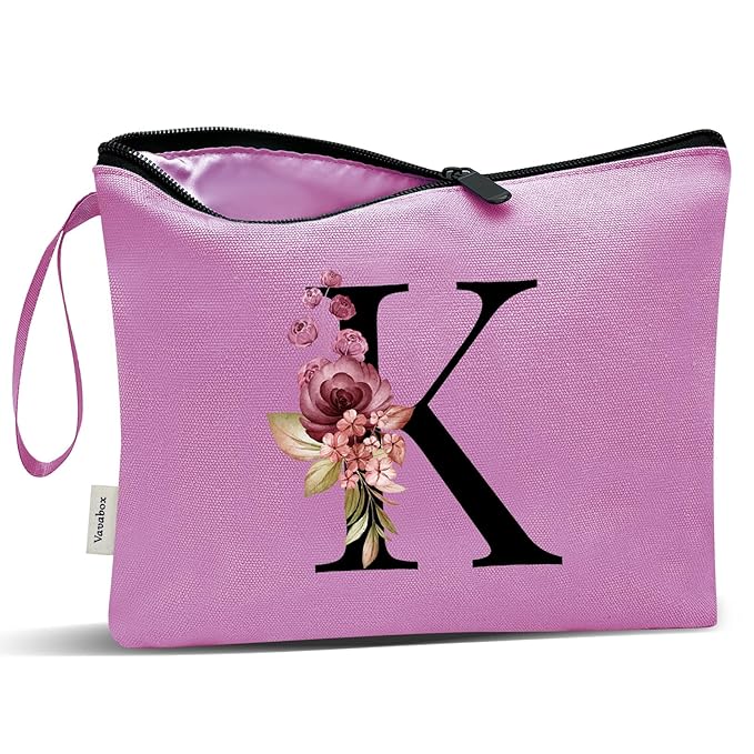 Vavabox A-Z Personalized Makeup Bag, Birthday Gifts for Women Mom, Gifts for Best Friend, Bride Bridesmaid Cosmetic bag (K, Purple)