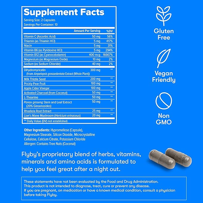 Flyby Recovery Supplement - All The Hang, Without The Over!™ - with Milk Thistle, Vitamin C, Activated Charcoal, and Apple Cider Vinegar - Pre & Post Drinking Formula (80 Count)