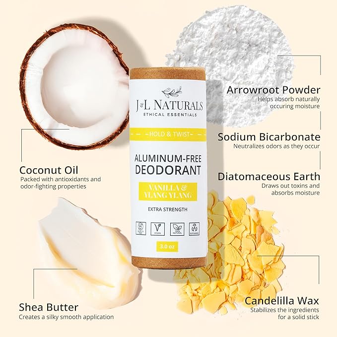 J&L Naturals Aluminum Free Deodorant for Men & Women | 100% Natural Ingredients With Coconut Oil, Shea Butter, & Essential Oils | Sustainable, Eco-Friendly (Unscented & Woody, 3.0 Oz (Pack of 4))