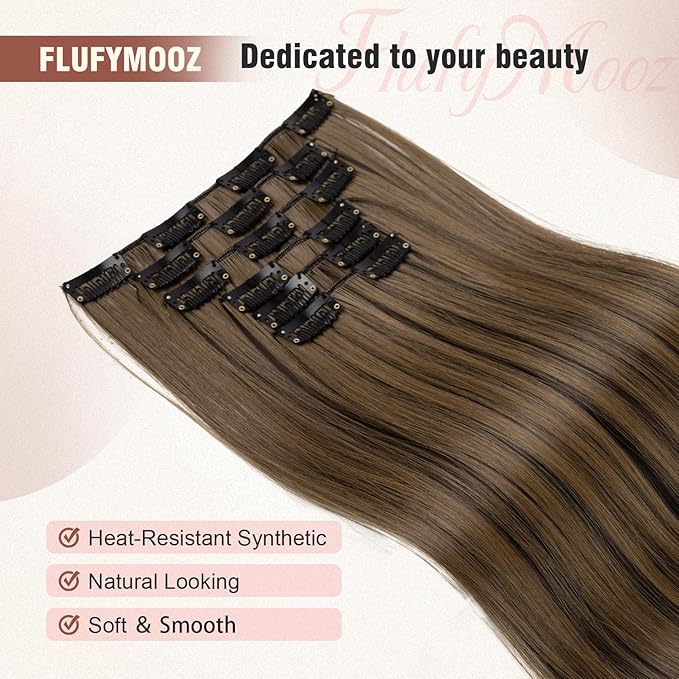 FLUFYMOOZ 6PC Clip in Hair Extensions 24" Straight Long Extensions for Women Synthetic Hairpiece (Black Brown with Highlights)