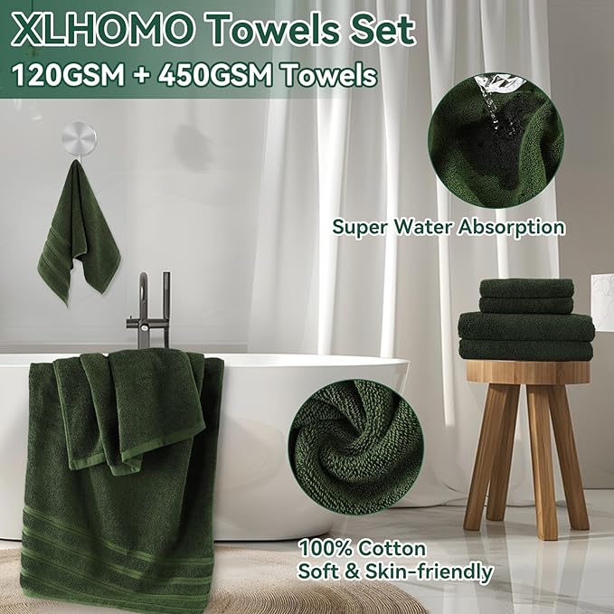 XLHOMO Dark Green Bathroom Accessories, 24 Pieces Green and Gold Bathroom Accessories Set with Shower Curtain, Bath Towels, Trash Can, Soap Dispenser and Soap Dish for Bathroom/Housewarming
