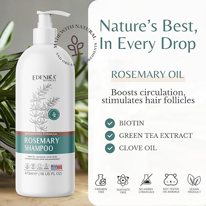 Edenika Botanicals Rosemary Oil Shampoo with Biotin for Thinning Hair & Anti-Hair Loss, Strengthening Botanical Formula, Women & Men, Sulfate-Free, Organic, 16 fl oz
