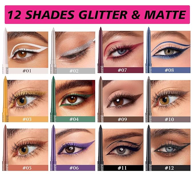 Waterproof Smudge-Proof Cream Eyeliner Set, Quick-Drying Smooth-Glide, 12 Versatile Shades Available, Beginner-Approved, Long-Lasting, Safe for Sensitive Eyes & All Skin Types #01