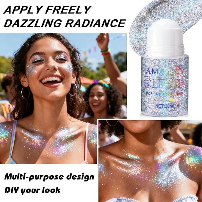 Roll-on Body Glitter Gel Holographic for Face and Hair,Body Glitter Gel Makeup for Kids Women,Body Shimmer Christmas Makeup for Rave Party.(Glint-Rainbow)