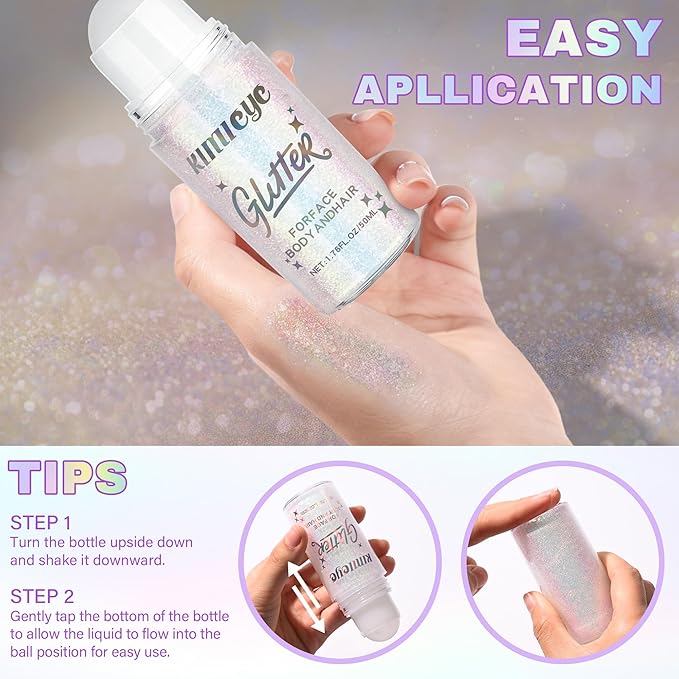 Roll-on Face Body Glitter Gel for Women, 1.69oz Large Capacity Holographic Color Changing Glitter Gel Shimmer Makeup for Singer Concert Festival Rave Accessories, #1 Mermaid
