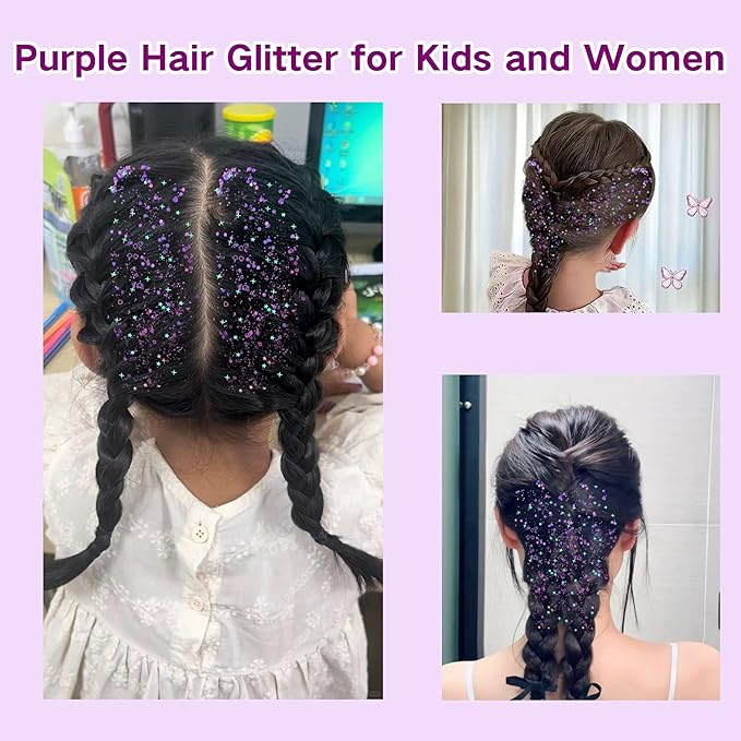 MEICOLY Purple Hair Glitter Kids Makeup,Holographic Halloween Sparkly Face Glitter,Self-Adhesive Mermaid Sequins Face Body Glitter,Chunky Glitter for Festival Rave Accessories Costume Outfits