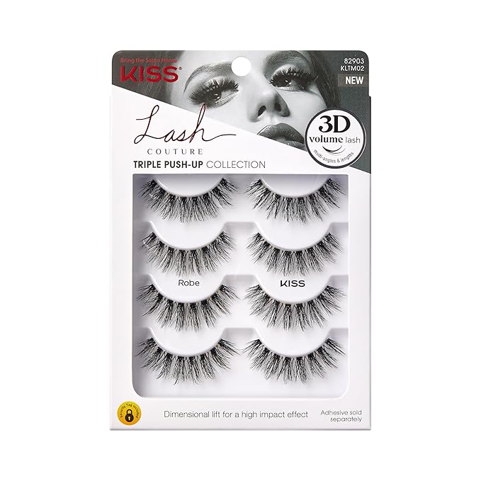 KISS Triple Push-Up, False Eyelashes, 'Robe', 12mm, Includes 4 Pairs Of Lashes, Easy to Apply, Reusable Lash Clusters