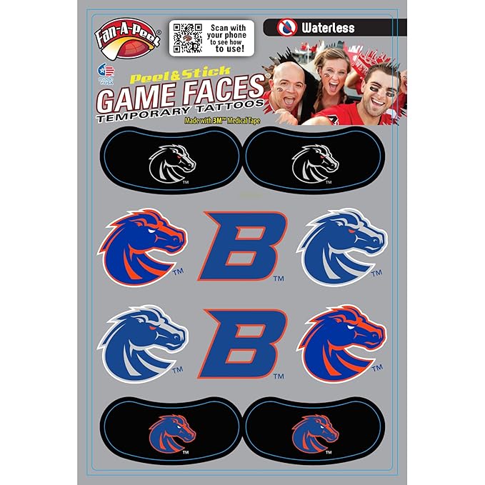 Fan-A-Peel Boise State Waterless Temporary Tattoos - Hypoallergenic Peel and Stick Waterproof Temporary Tattoos - Officially Licensed