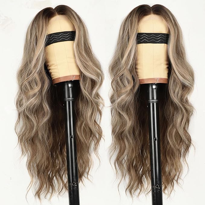 AISI HAIR Ash Blonde Balayage Wig for Women, Long Wavy Lace Hairline Middle Part Synthetic Heat Resistant Wig for Daily Party-26 Inch