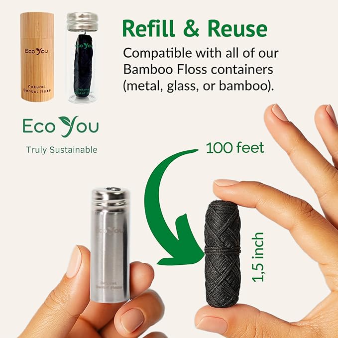 Bamboo Charcoal Dental Floss | Mint & Candelilla Wax | Vegan & Biodegradable (4 Refills Pack) | Pfas Free