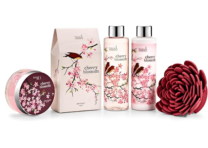 Elegant Modern Bath and Body Gift Set Home Spa Set with Shower Gel, Body Lotion, Bath Salt, Body Scrub & Pouf in Wooden Curio (Modern Cherry Blossom)