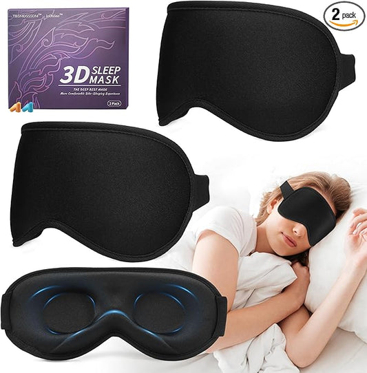 3D Sleep Mask for Men Women 2 Pack, Blackout Eye Mask for Sleeping Eye Mask for Side Sleeper, Memory Foam Adjustable&Washable, Airplane Travel Essentials Couples Yoga Meditation Office Black & Black