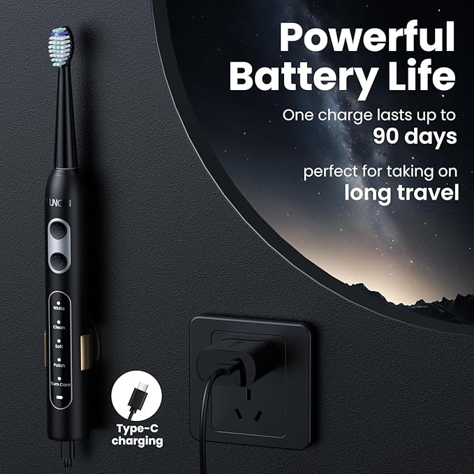YUNCHI Electric Toothbrush Birthday/Valentine Plastic 8 Heads 24-Mo Deep Cleans Gentle Gums Removes Stains 3Hr USB-C 90d 2-Min Timer/30s IPX7 - Black
