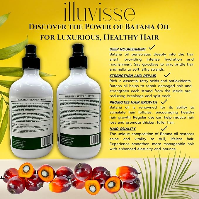 Illuvisse Batana Oil Shampoo and Conditioner Set - Natural Rosemary, Tea Tree Oil & Biotin for Hair Growth & Restoration - Thickening Formula with Organic Ingredients - For Women & Men - 500 mL