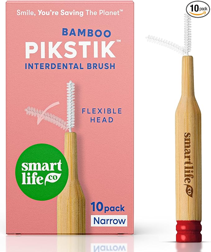 SmartLifeco Bamboo Interdental Brushes (10 Count) - Eco-Friendly Proxabrush, Reusable Dental Picks, Flexible Soft Bristles, Superior Gum & Teeth Cleaning, Toothpicks for Braces, PikStik - Tight Gaps