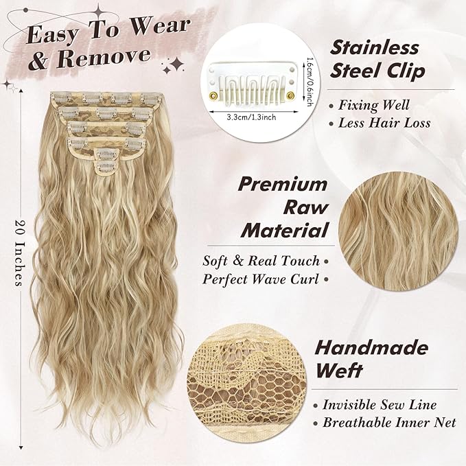 BARSDAR Light Ash Blonde Beach Wave Clip in Hair Extensions – Long Wavy Blonde Clip in Hair Extensions for Women - 20 Inch 6 PCS Thick Soft Synthetic Voluminous Full Head Easy Wear Hairpieces