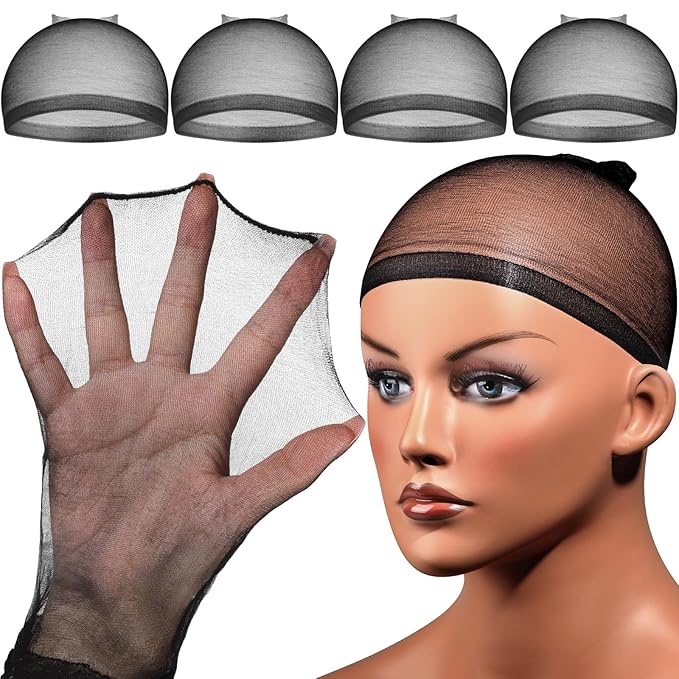 Fandamei HD Wig Caps Super Thin, 4PCS Ultra Thin Black, Nylon Wig Cap for Women Stretchy, Natural Transparent HD Wig Caps for Lace Front Wigs. Summer Wear Comfortable Wig Cap(Black)