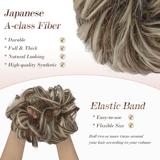 FESHFEN Messy Bun Hair Piece - Wavy Synthetic Chignon Scrunchies for Instant Volume, Elastic Bun Ponytail Hair Extensions Thick Hairpieces for Women, Golden Brown & Bleach Blonde 1.50 oz
