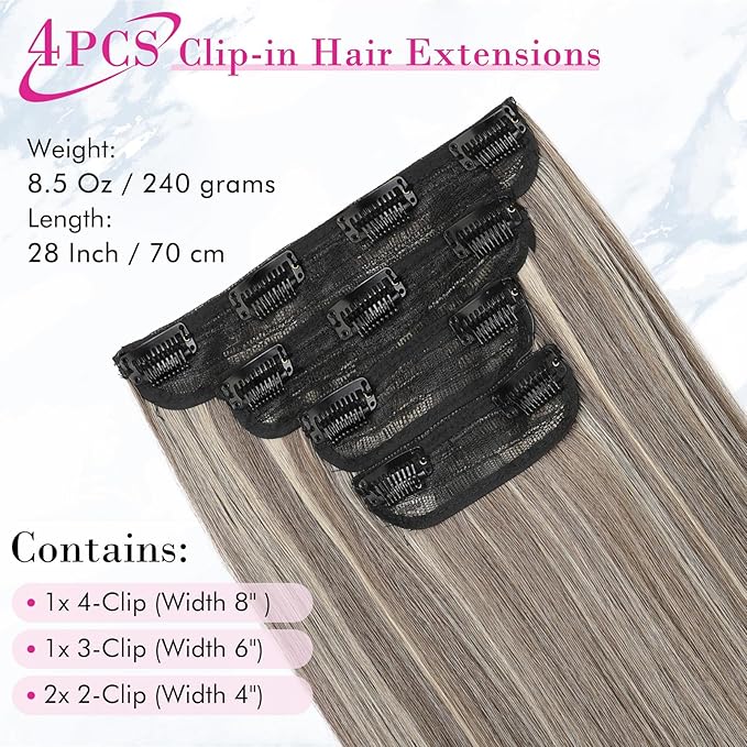 REECHO 28" Straight Long 4 PCS Set Thick Clip in on Hair Extensions - Ash Brown with Platinum Blonde Highlights