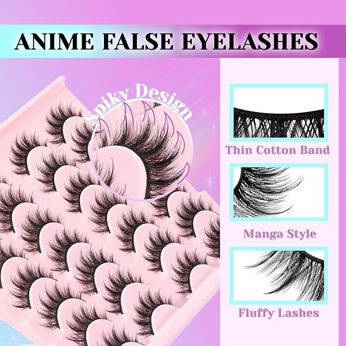 Losha Lashes Fluffy Manga Lashes 14 Pairs Anime False Eyelashes 6D Natural Eye Lashes Kit with Lash Glue and Lash Tweezers Asian Soft Fake Eyelashes (Pop)