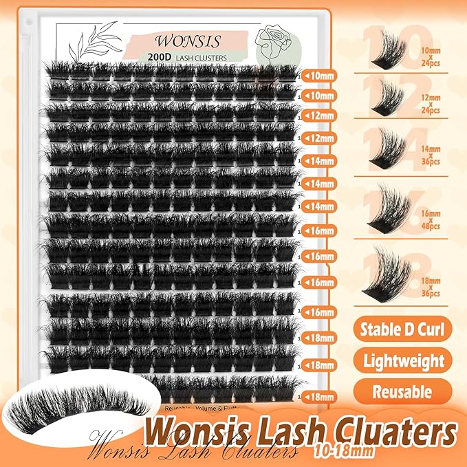 Lash Clusters, Thick 200D Volume Eyelash Clusters 10-18mm, Soft Lightweight Reusable D Curl Individual Lashes, DIY Lash Extensions for Beginners (200D 10-18mm)