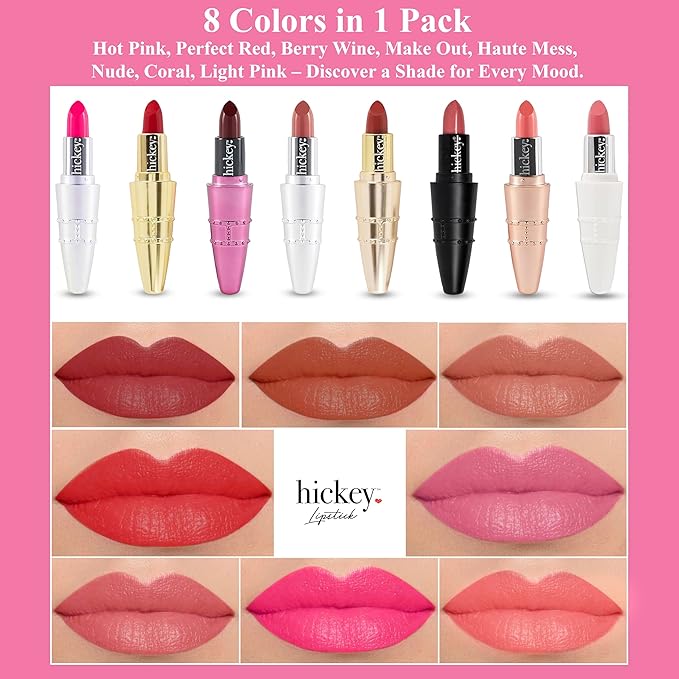 Hickey Lipstick The Vault Collection - 8 Piece Refillable Set - (Walk of Shame, Mile High, Big Trouble, Make Out, Haute Mess, Birthday Suit & More) - Hydrating Lipstick for Women - Vegan & Gluten-Free