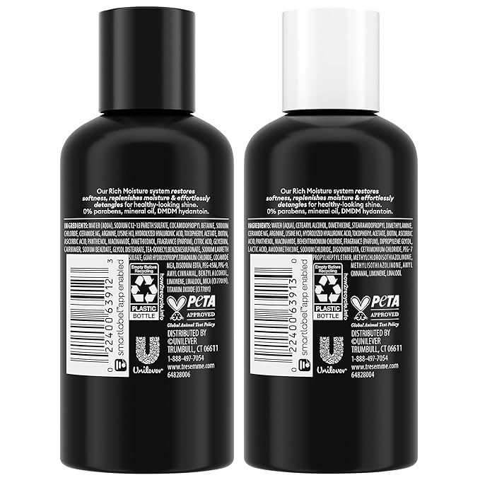 TRESemmé Travel Essentials, Rich Moisture Shampoo 3-Pack + Conditioner 3-Pack – Moisturizing Hair Care with Hyaluronic Acid, Paraben-Free, 3 Oz Ea