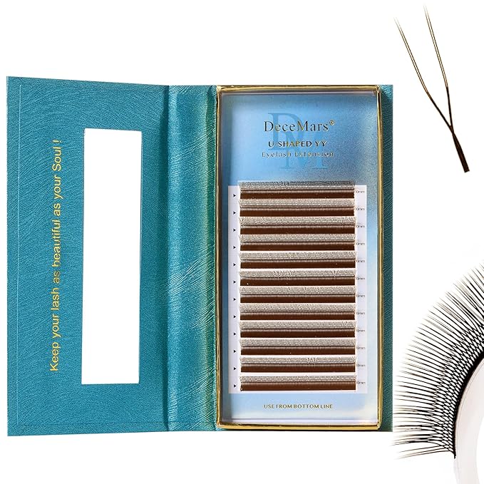 DeceMars 1400 Pcs 2D UU Eyelash Extension 0.07mm L+ Curl 8-12mm Mixed Tray Premade Fan Lashes 12 Rows YY Lashes Extensions U Shaped Natural Wispy Volume Eyelashes Brown 12 Rows (UU-0.07-L+-8-12mm Mix)