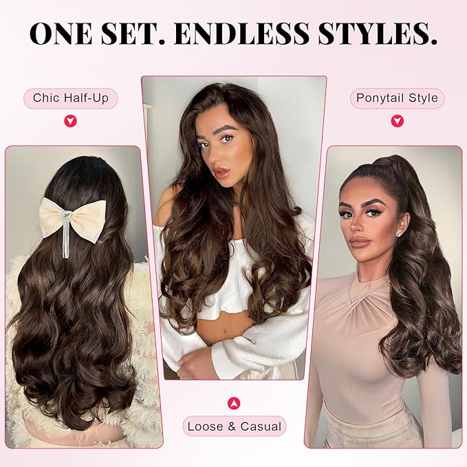 ALXNAN Long Wavy Layered Hair Extensions for Women, Clip in Hair Extensions Clip Ins Soft Full Head Synthetic Hairpieces 16 Inch Chocolate Brown with Dark Brown