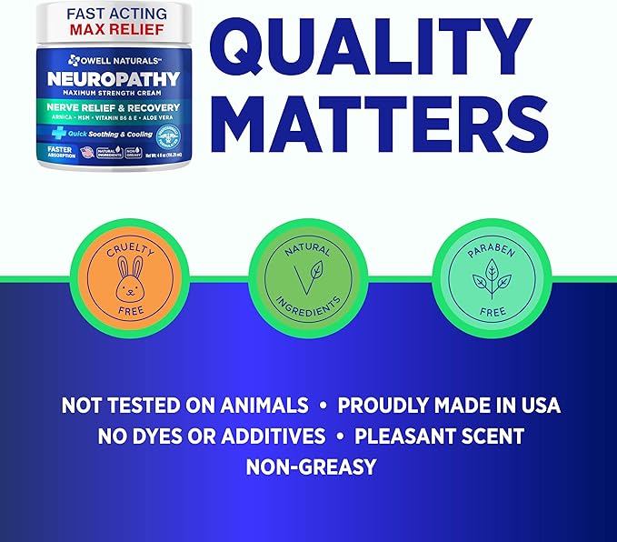 OWELL NATURALS Neuropathy Cream – Maximum Strength - Non Greasy, All Natural for Feet, Hands, Legs, Toes Discomfort Made in USA (4 Fl Oz (Pack of 2))