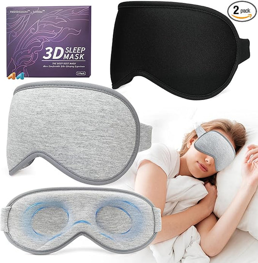 3D Sleep Mask for Men Women 2 Pack, Blackout Eye Mask for Sleeping Eye Mask for Side Sleeper, Memory Foam Adjustable&Washable, Airplane Travel Essentials Couples Yoga Meditation Office Black & Gray