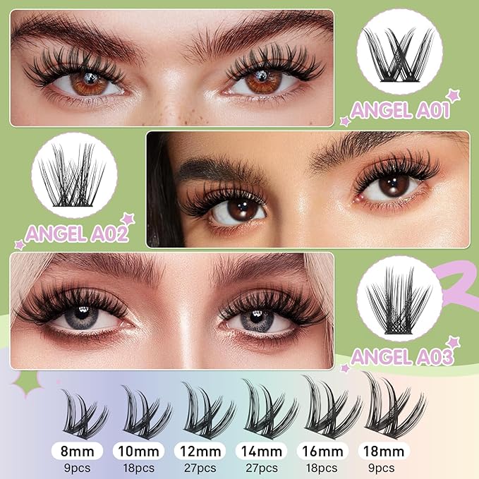 KEYYOU LASH Extension Kit 108Pcs Angel Lash Clusters Kit Thick Eyelash Extension Kit with Glue and Seal,Tweezers,Remover for DIY lash extension kit at Home（Kit-Angel A01-D-8-18MIX）