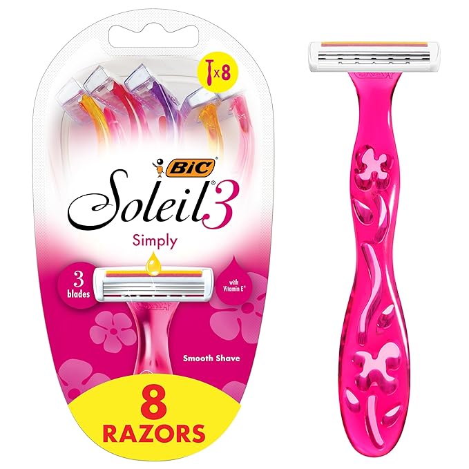 BIC Soleil Simply Smooth Women's Disposable 3 Blade Razors, Moisture Strip and Comfortable Handle, 8-Pack for Skin Care Routine Kit