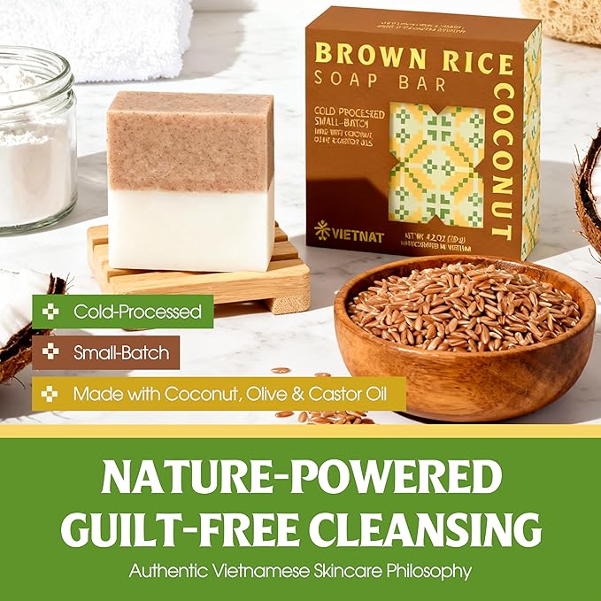 VIETNAT Brown Rice & Coconut Soap Bar (Pack of 3) – 2-in-1 Exfoliating & Nourishing, Cold Process Handmade Soap with Rice Bran & Coconut Milk, Gentle Daily Body Bar