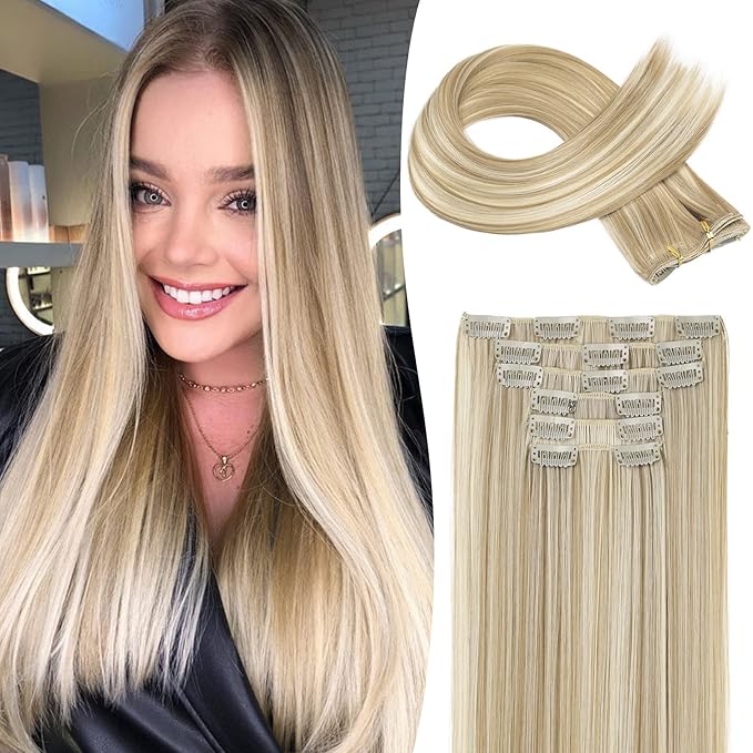 Clip in hair extensions，LONAI 6PCS Straight 24" Hair Extensions for Women，Heat Resistant Synthetic Hairpiece-Light Blonde with White Blonde Highlights