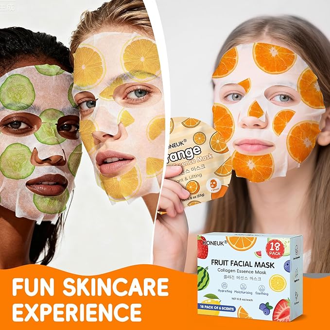 18 Pack Colorful Fruit Face Masks Skincare for Women, Bulk Sheet Hydrating Facial Mask for All Skin Types, Collagen Face Mask for Skin Care, Valentines Day Gifts, Mothers Day Gifts and Spa Party Gifts