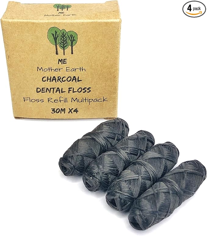 Vegan Biodegradable Bamboo Charcoal Dental Floss Refill Refill | Natural Candelilla Wax | 30M x4 | Peppermint Essential Oil | Eco Friendly Zero Waste Oral Care | 4 Pack
