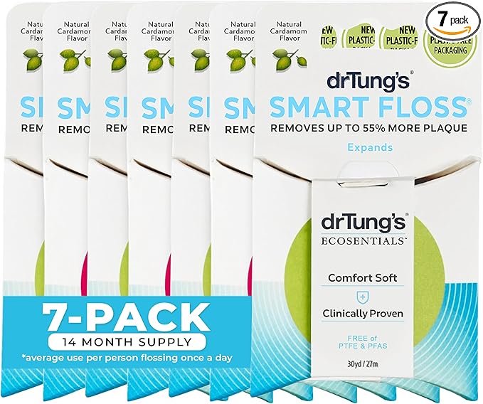 DrTung's Smart Floss - Natural Floss, PTFE & PFAS Free Floss, Gentle on Gums, Expands & Stretches, BPA Free - Natural Dental Floss Cardamom Flavor (Pack of 7)