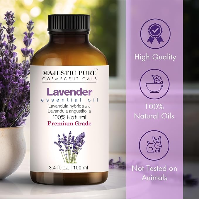 Majestic Pure Essential Oil with Glass Dropper - 100% Pure and Natural - Essential Oils for Diffuser, Aromatherapy, Soap and Candle Making, Lavender Essential Oil, Lavender Oil, 3.4 Fl Oz
