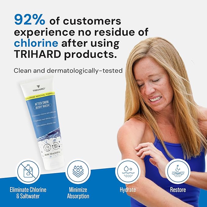 TRIHARD Chlorine Removal Body Wash, Protects and Hydrates Sensitive Skin from Pool and Ocean, Pool Essentials for Post Swim Chlorine Skin Protection