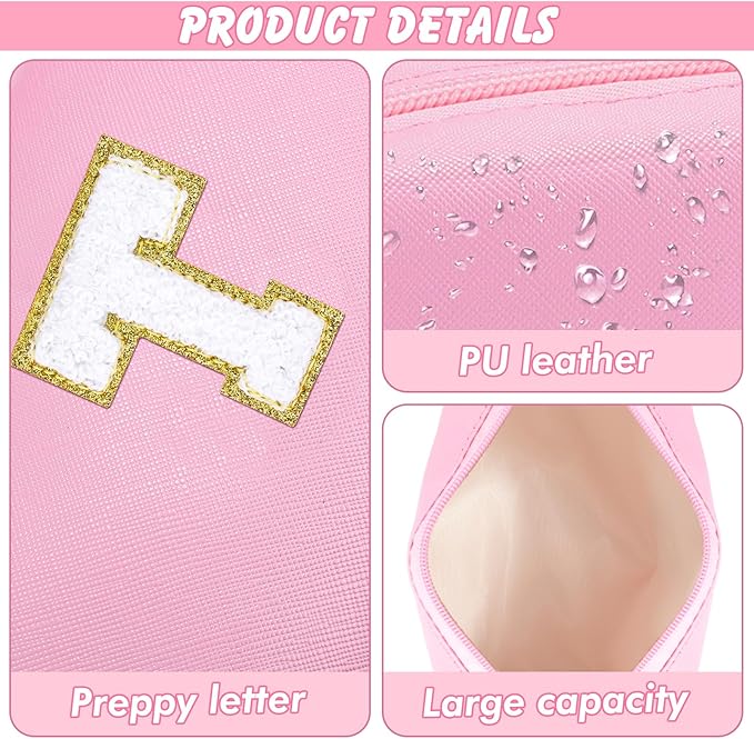 URSKYTOUS Initial Preppy Makeup Bag for Women Teen Girls Travel Small Cosmetic Bag Cute Pink Personalized Preppy Makeup Pouch Zippered Toiletry Bag Organizer PU Leather Aesthetic Makeup Bag（T）