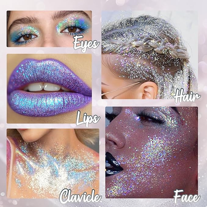 Silver Rolling Glitter for Face Body & Hair, Sparkling Holographic Chunky Shimmer, Roll-on Sequins for Singer Concert Rave Festival Halloween Party Carnival, 1.35fl.oz